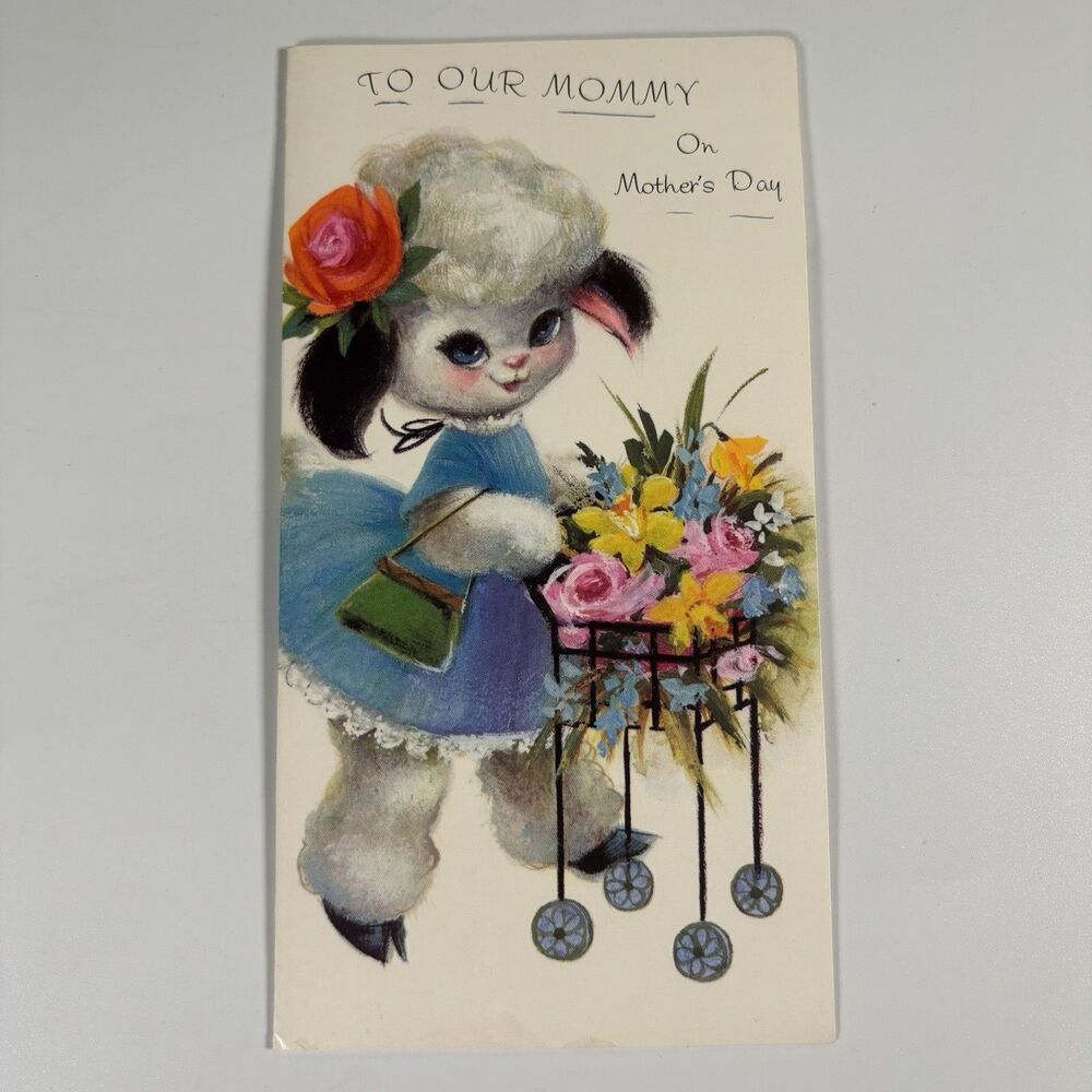 Vintage Mothers Day Card Lamb Anthropomorphic Cute Mid Century Laurel Art Decor